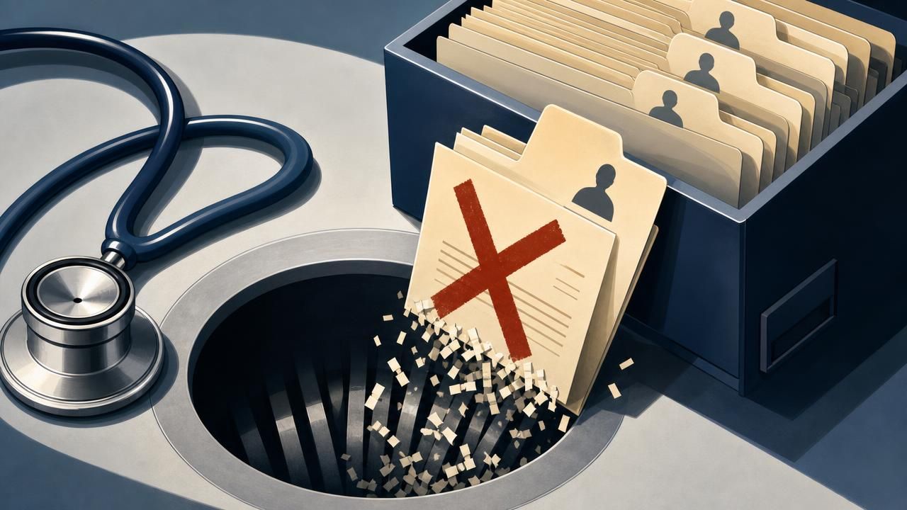 An AI-generated illustration shows a stethoscope next to file folders of medical records, with one folder marked by a large red X and papers falling into a shredder.
