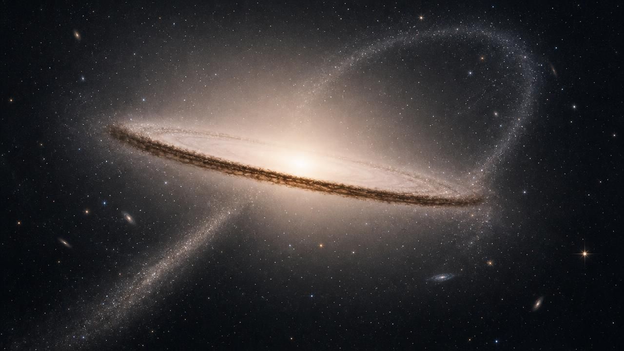AI-generated illustration of a bright edge-on spiral galaxy with a dark dust band across the center, a luminous halo, and faint curved streams of stars in a dark sky.
