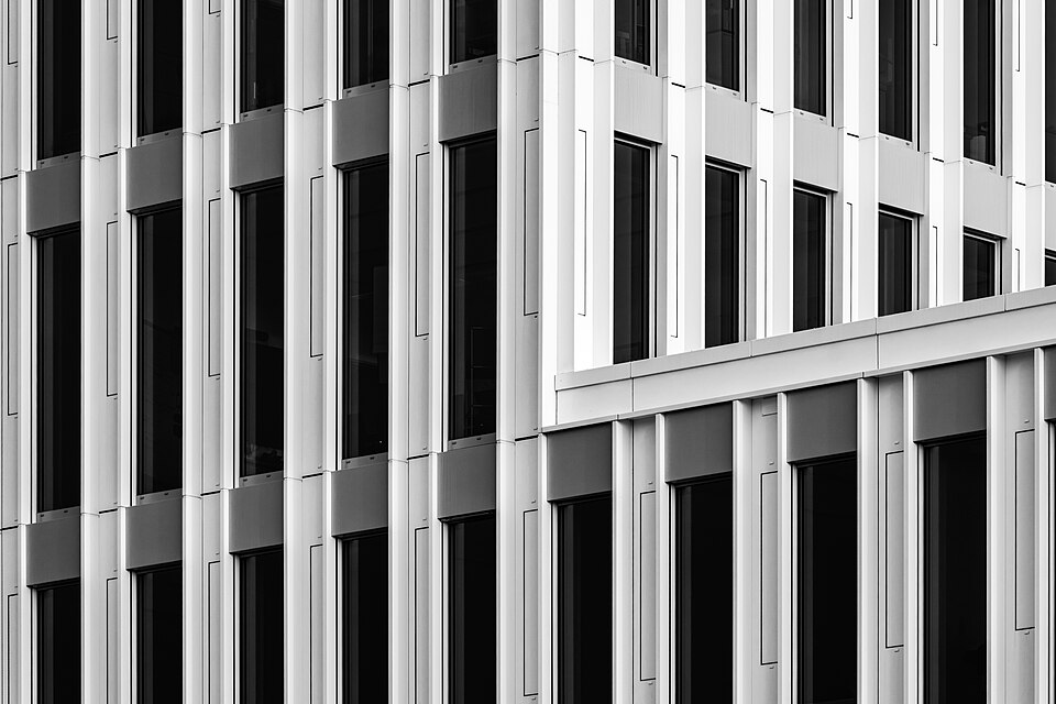 Black-and-white close-up of an office-building facade with rows of tall dark windows and pale vertical panels.