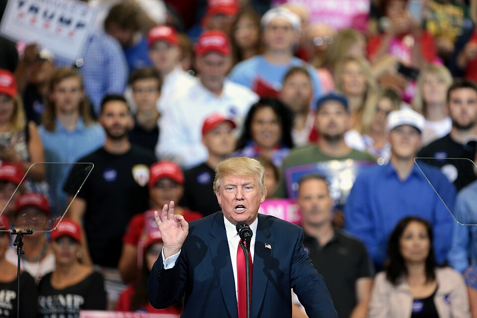 Donald Trump speaking into a microphone with a crowd behind him.