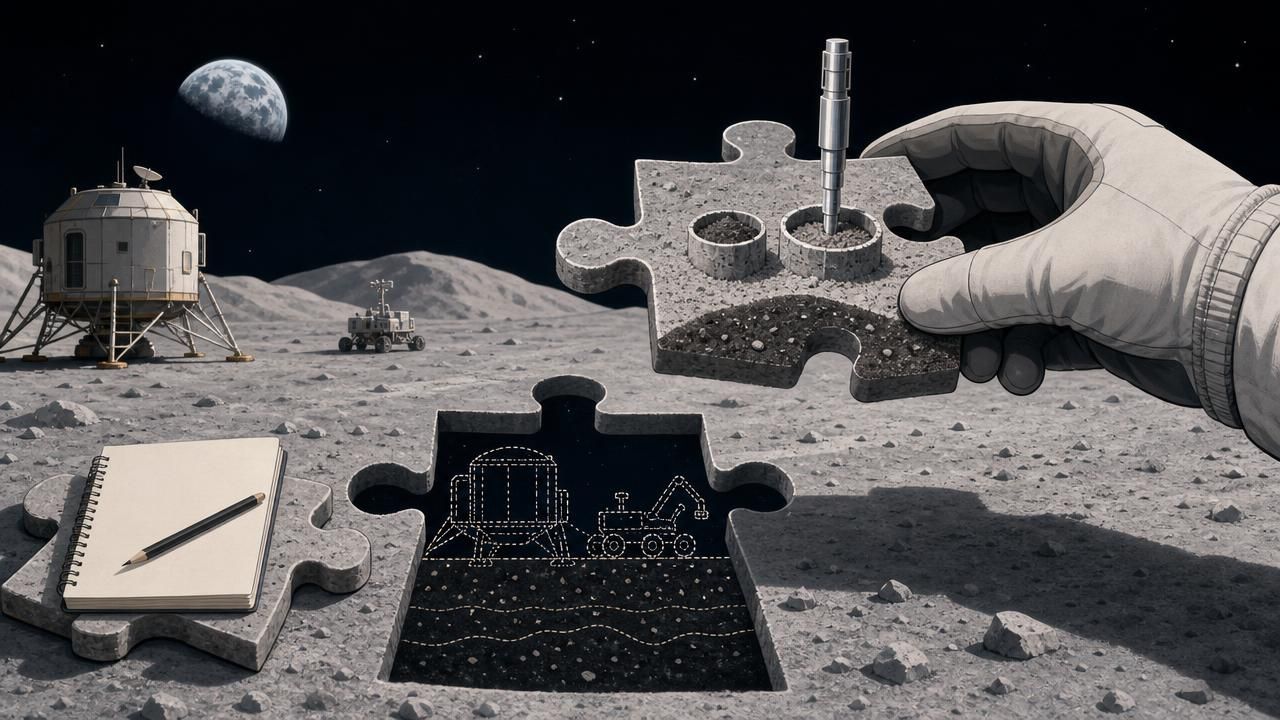 An illustration of a lunar base scene with a rover, a habitat module, and puzzle pieces on the Moon, with a gloved hand placing one piece into place.