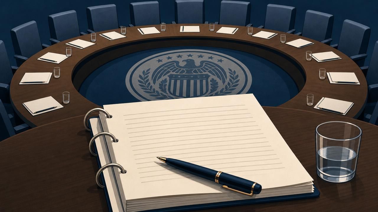 AI-generated illustration showing a Federal Reserve meeting room with a round conference table, empty blue chairs, notepads, water glasses, and a notebook with a pen in the foreground.