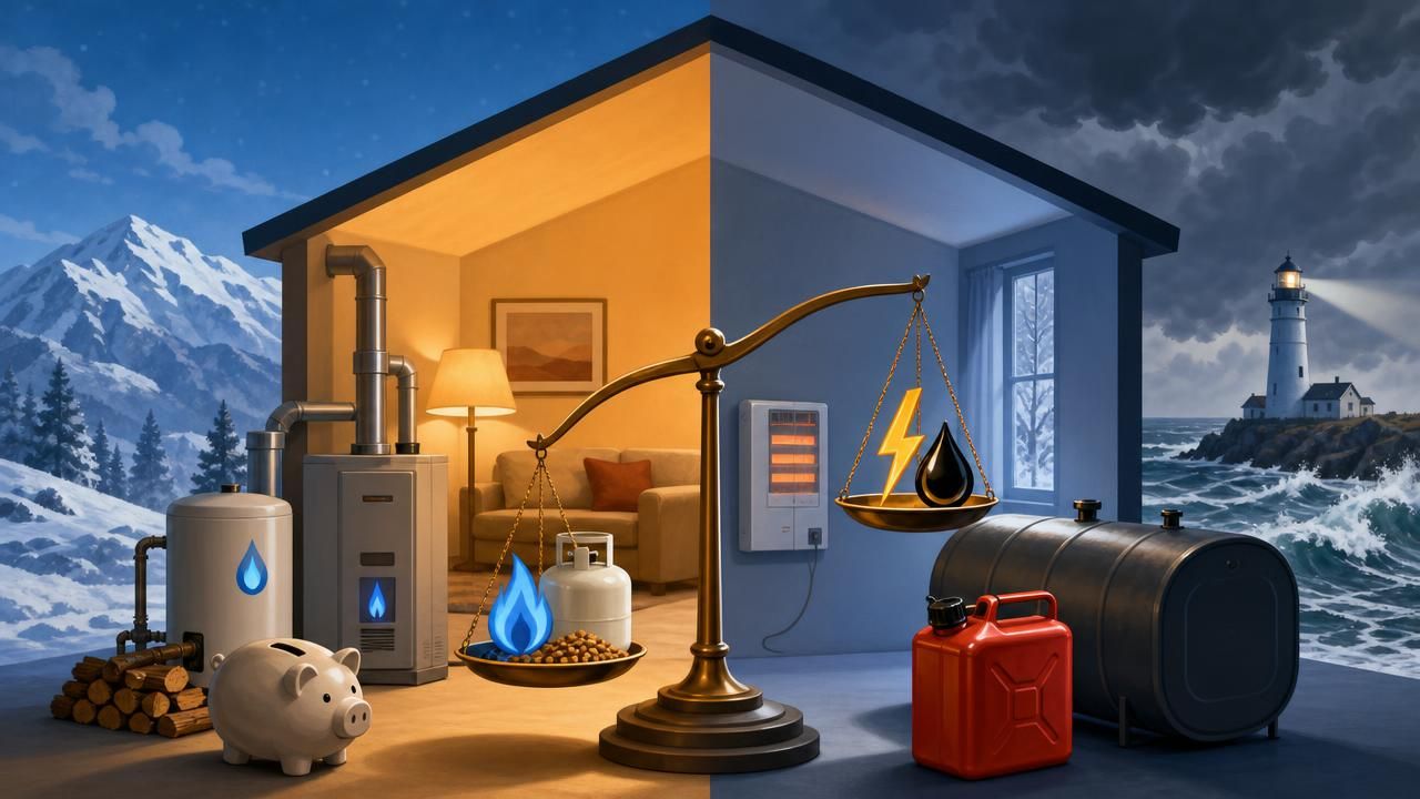 AI-generated illustration of a house shown in two halves, with warm indoor lighting on one side and cooler tones on the other, alongside heating equipment, fuel tanks, a piggy bank, and a balance scale.