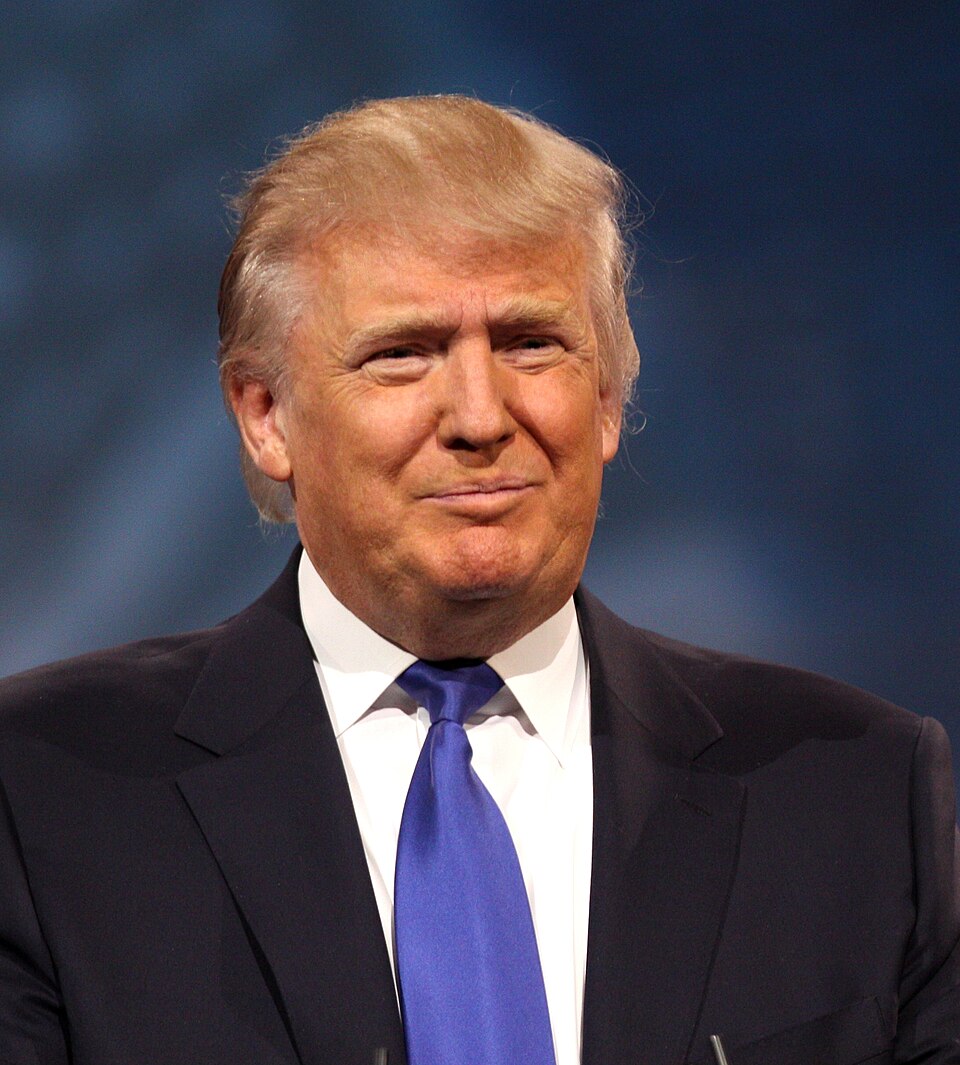 Donald Trump in a dark suit and blue tie against a blue background.