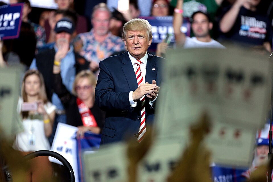 Donald Trump stands in front of a crowd holding campaign signs.