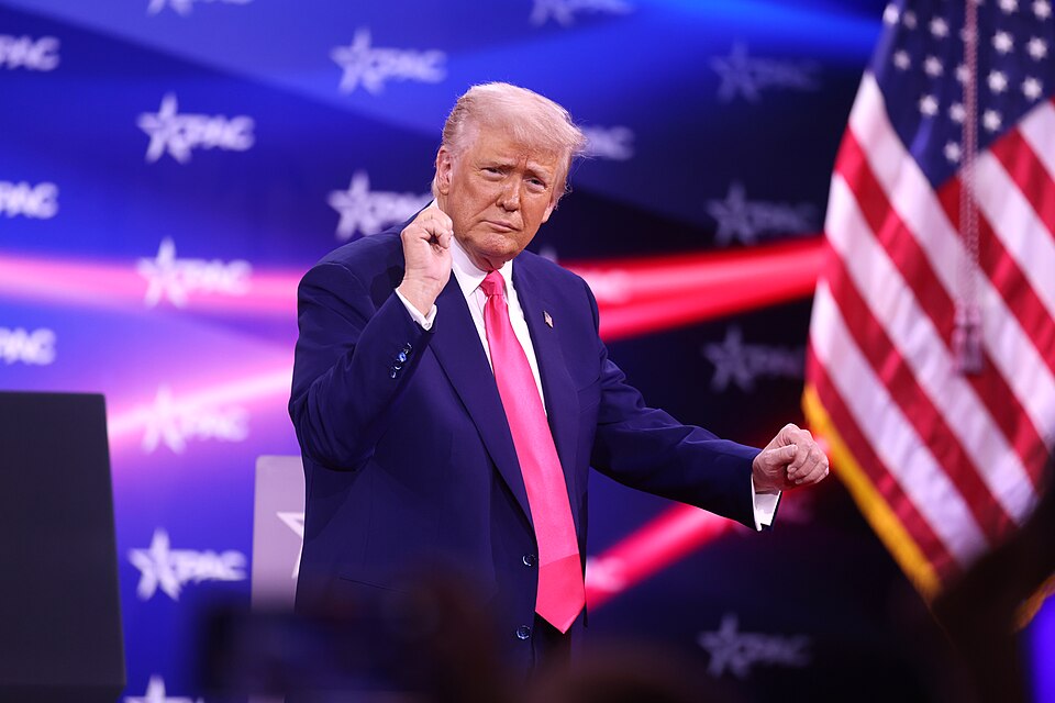 Donald Trump raising one hand on a stage with U.S. flags behind him.