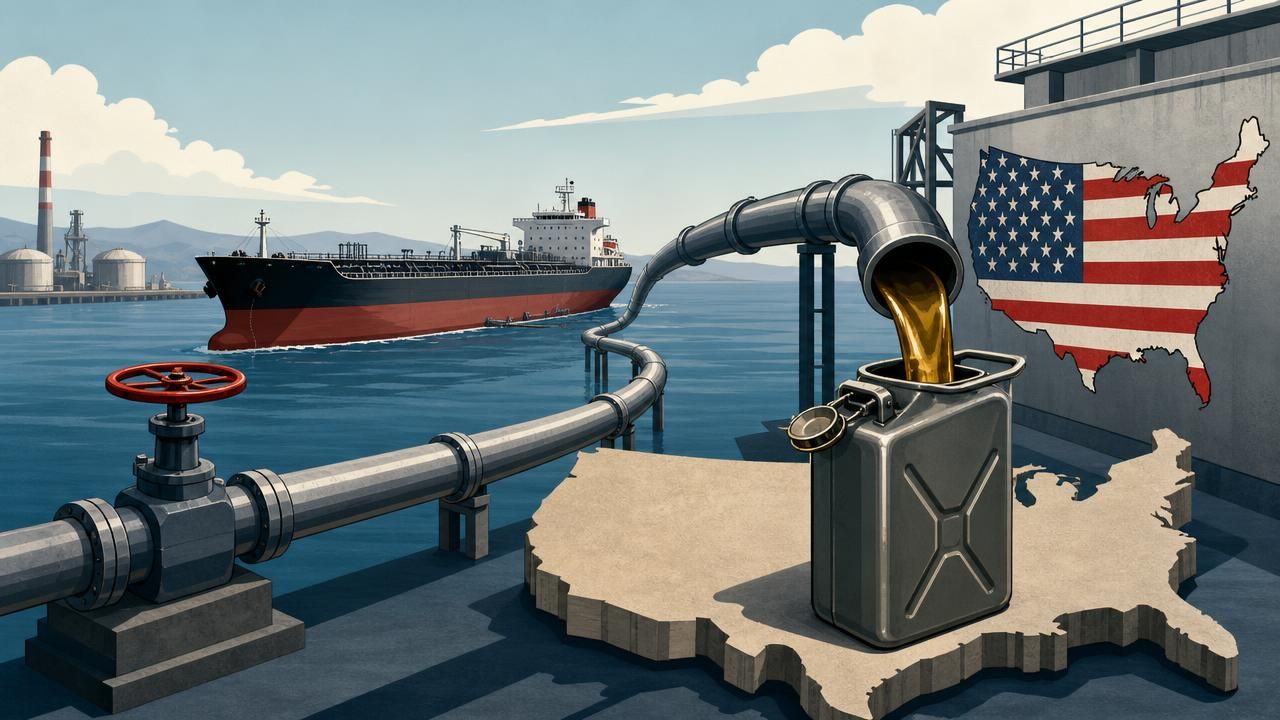 AI-generated illustration showing a tanker ship near an industrial waterfront, a large pipeline pouring diesel into a fuel container, and a U.S. map and flag on the wall.
