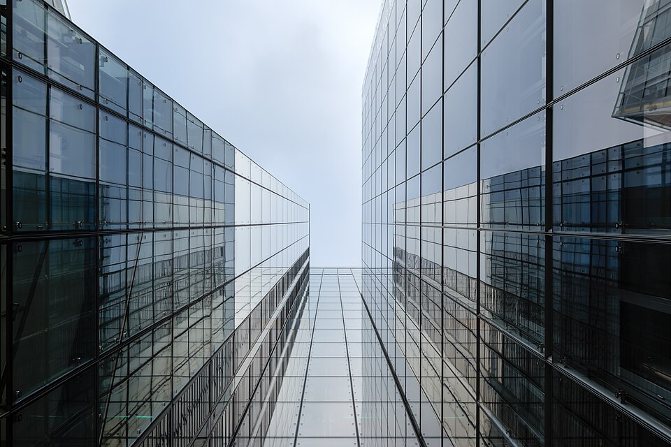 View upward between reflective glass office-building facades toward a pale sky.