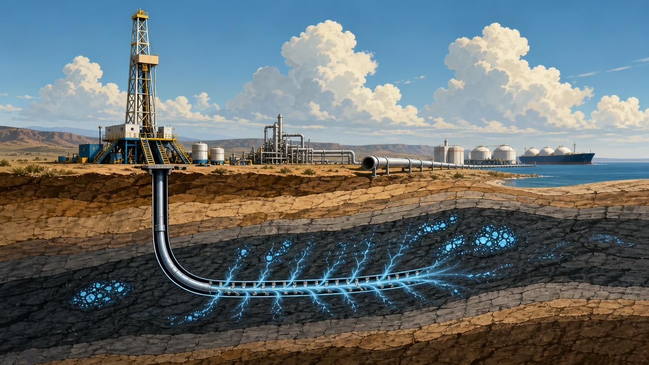 AI-generated illustration of a drilling site with pipelines, processing equipment, storage tanks, and an LNG tanker near the coast, shown with a cutaway view of underground gas flow.