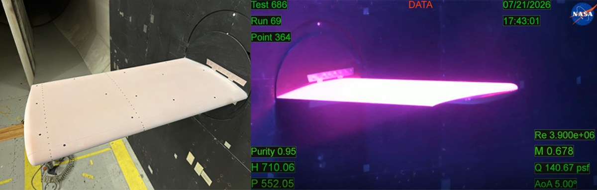 Left: The Benchmark Supercritical Wing not illuminated in unsteady Pressure Sensitive Paint inside the Transonic Dynamics Tunnel at NASA’s Langley Research Center. Right: The Benchmark Supercritical Wing illuminated in unsteady Pressure Sensitive Paint during testing inside the Transonic Dynamics Tunnel at NASA’s Langley Research Center.